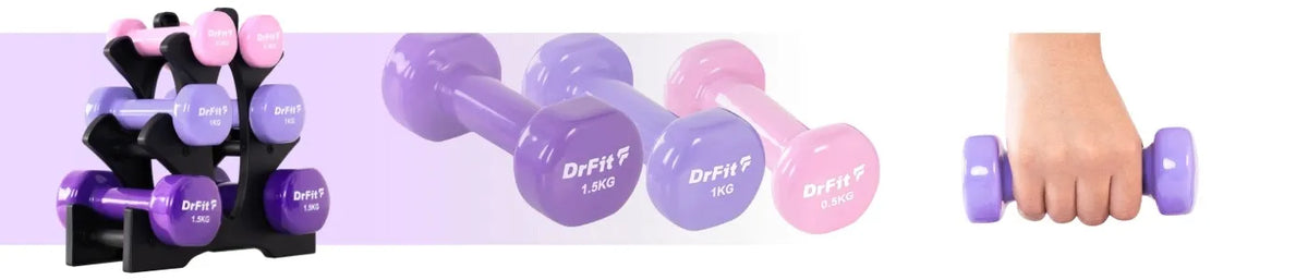 DrFit 6 hanteli rinkinys su stovu, fitness ir kardio treniruotėms, 6 kg (2x 0,5 kg, 2x 1 kg, 2x 1,5 kg)