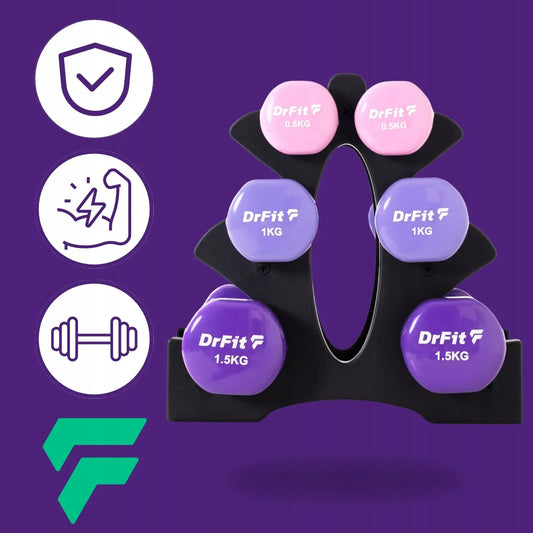 DrFit 6 hanteli rinkinys su stovu, fitness ir kardio treniruotėms, 6 kg (2x 0,5 kg, 2x 1 kg, 2x 1,5 kg)