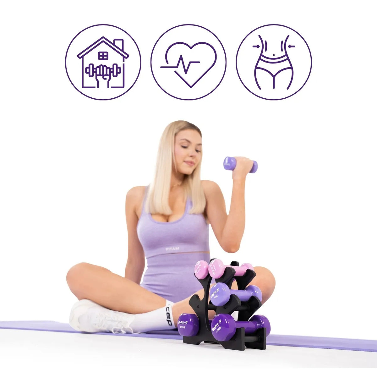 DrFit 6 hanteli rinkinys su stovu, fitness ir kardio treniruotėms, 6 kg (2x 0,5 kg, 2x 1 kg, 2x 1,5 kg)