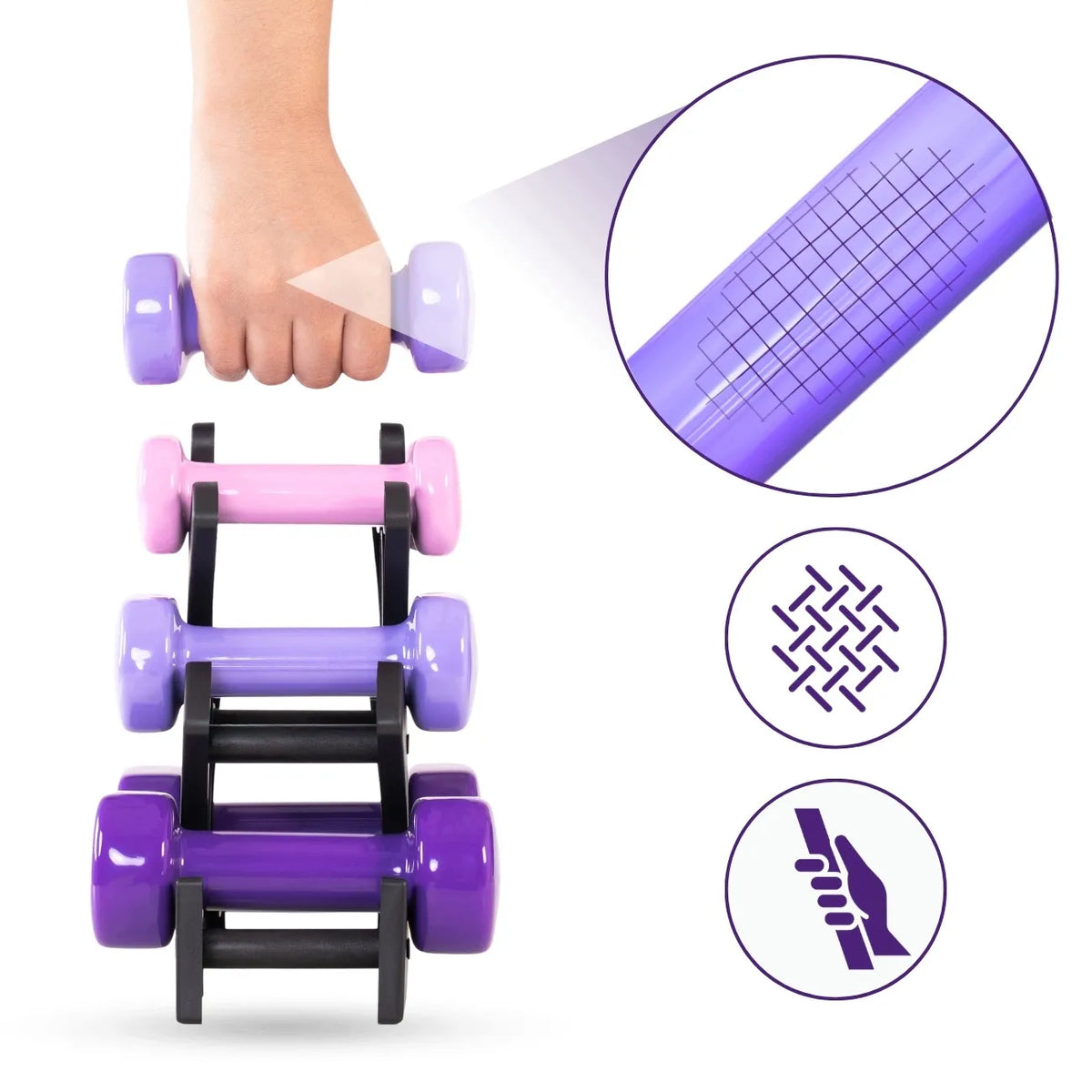DrFit 6 hanteli rinkinys su stovu, fitness ir kardio treniruotėms, 6 kg (2x 0,5 kg, 2x 1 kg, 2x 1,5 kg)
