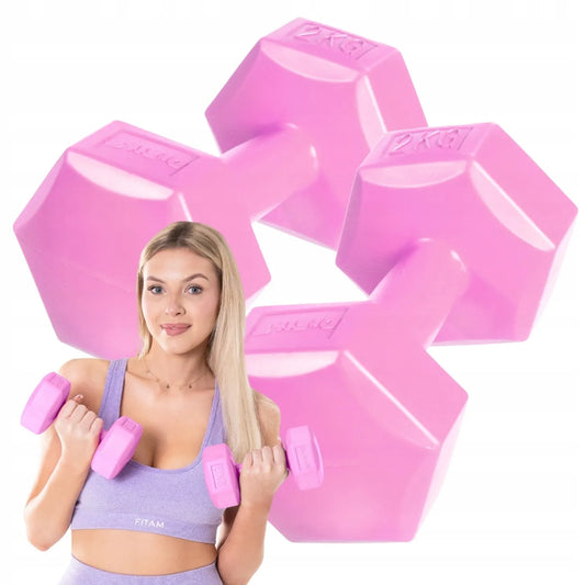 DrFit bituminiai hanteliai fitneso pratimams, šešiakampiai, 2 x 2 kg, rožiniai