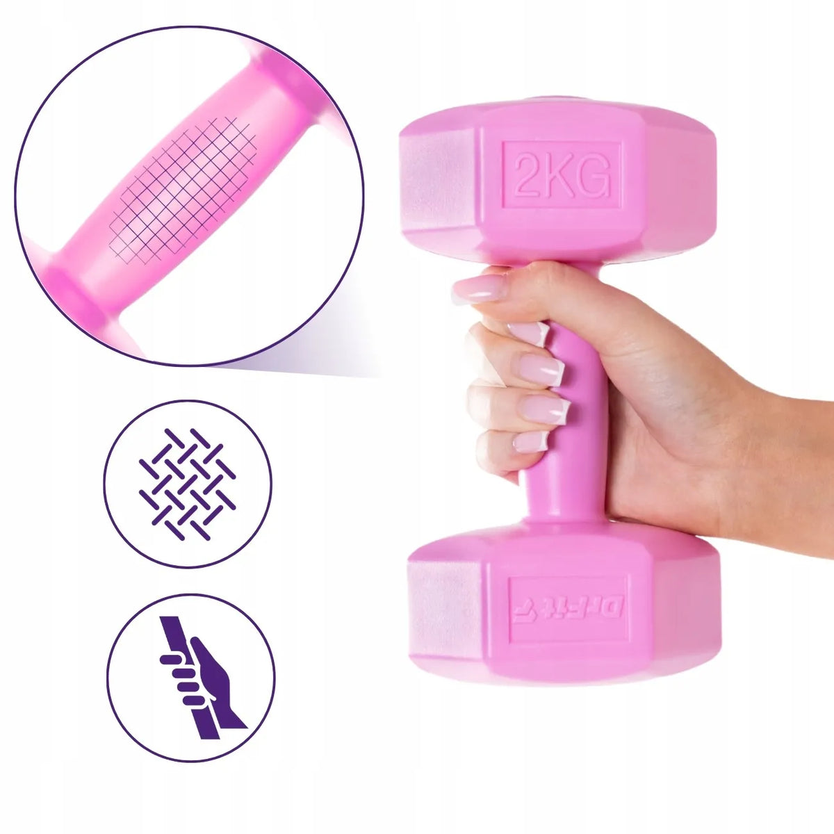 DrFit bituminiai hanteliai fitneso pratimams, šešiakampiai, 2 x 2 kg, rožiniai