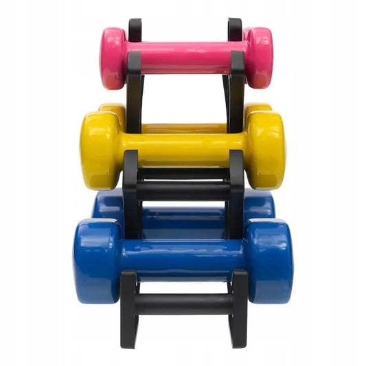 DrFit hantelių rinkinys 6 vnt. (12 kg) su stovu – spalvoti svarmenys mankštai, kardio ir pilatesui