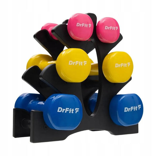 DrFit hantelių rinkinys 6 vnt. (12 kg) su stovu – spalvoti svarmenys mankštai, kardio ir pilatesui