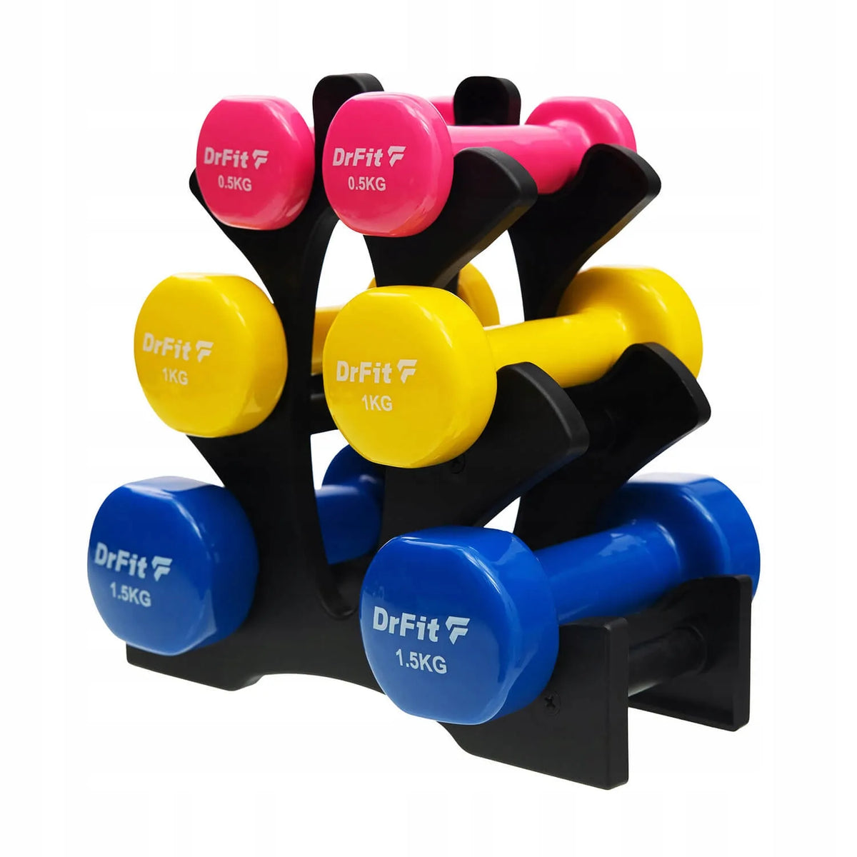 DrFit hantelių rinkinys su stovu, gumuoti, spalvoti, 6 vnt., skirtingo svorio, 6 kg