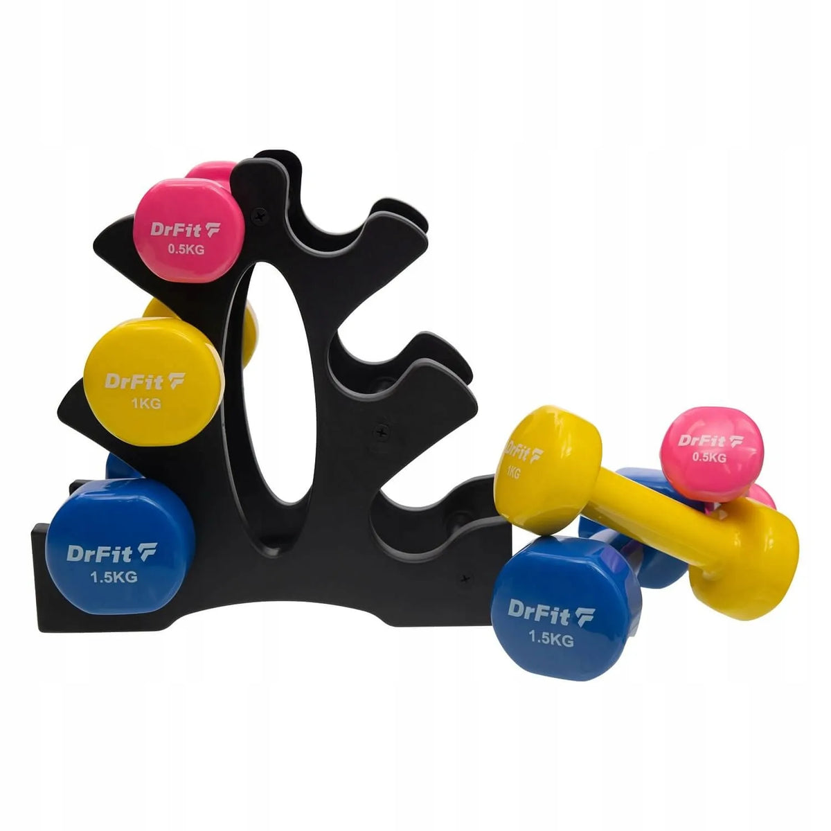 DrFit hantelių rinkinys su stovu, gumuoti, spalvoti, 6 vnt., skirtingo svorio, 6 kg