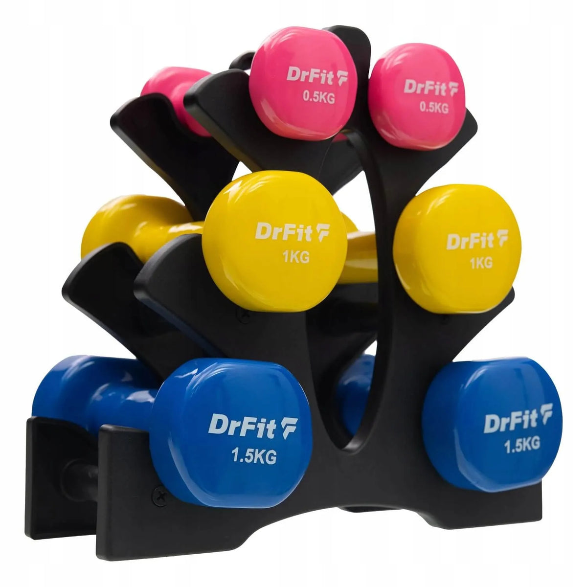 DrFit hantelių rinkinys su stovu, gumuoti, spalvoti, 6 vnt., skirtingo svorio, 6 kg