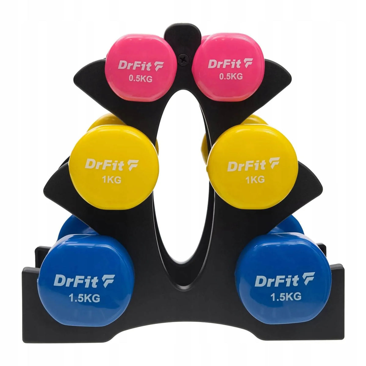 DrFit hantelių rinkinys su stovu, gumuoti, spalvoti, 6 vnt., skirtingo svorio, 6 kg