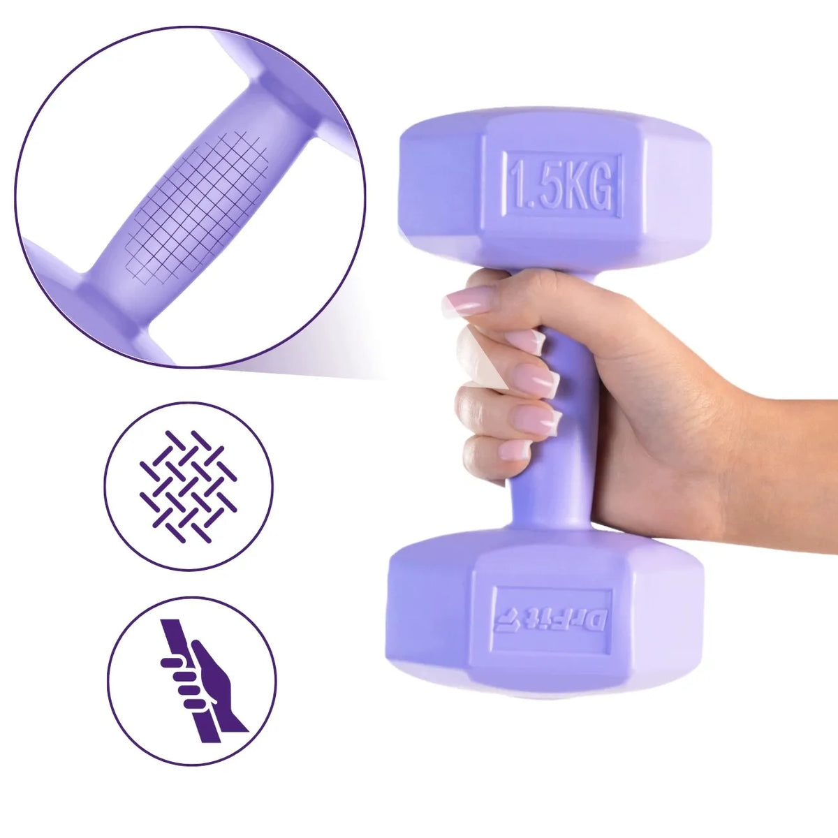 DrFit šešiakampiai fitneso svarmenys, 2x1,5 kg rinkinys, violetiniai