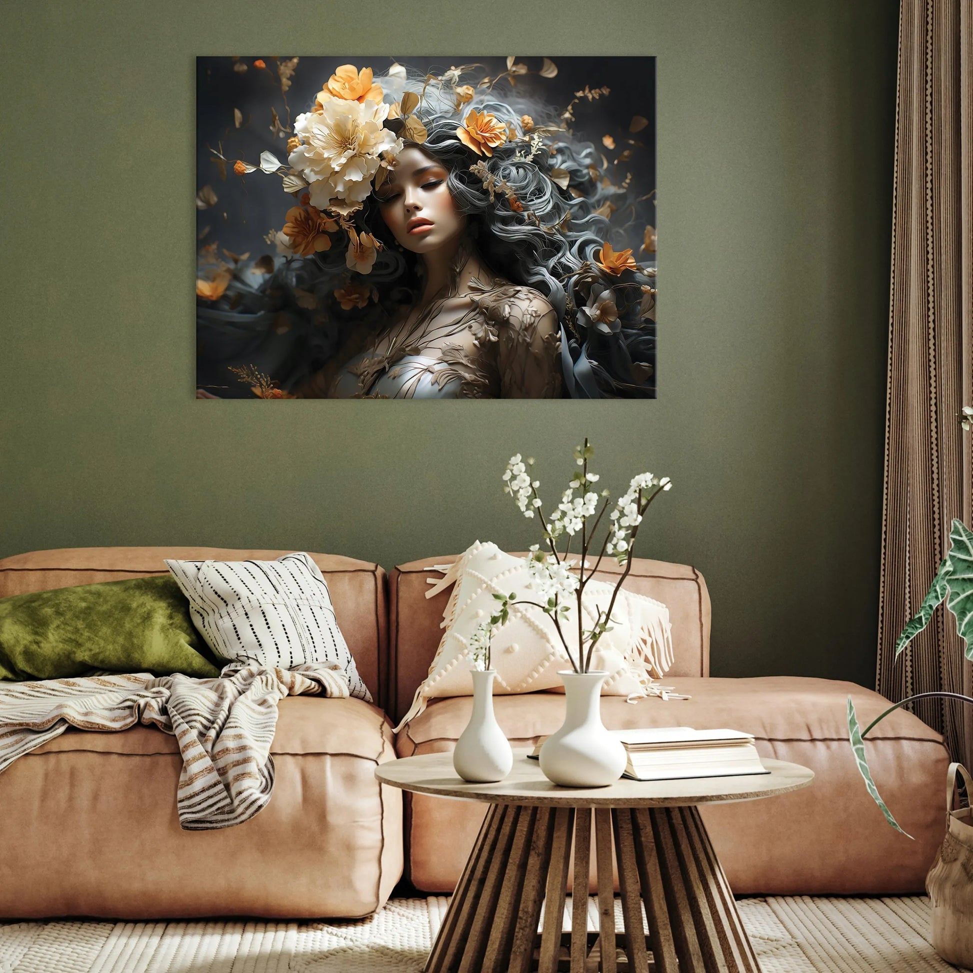 Drobė „ABSTRAKCIJA MOTERIS GĖLĖS“, paveikslas ant drobės svetainei ar miegamajam, 120x80