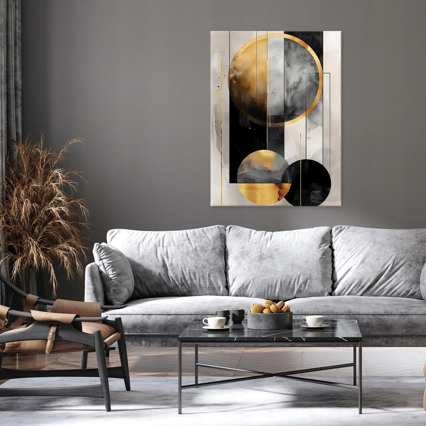Drobė „Art Deco“ abstrakcija su aukso detalėmis, 100x70 cm, skirta svetainei ar miegamajam