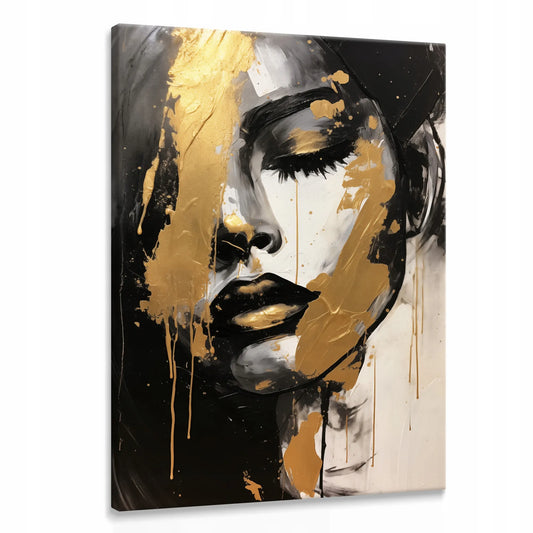 Drobė paveikslas svetainei, auksinis moters portretas, glamūro stilius, 50x70