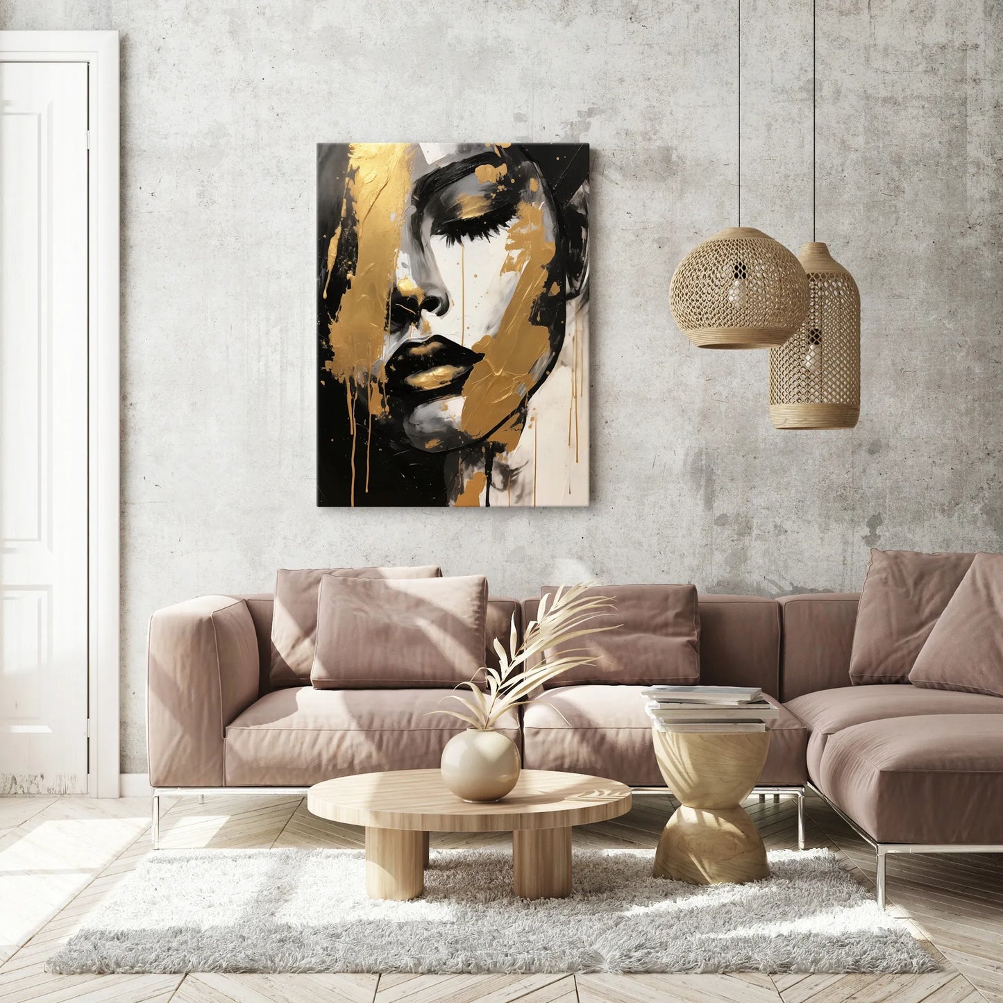 Drobė paveikslas svetainei, auksinis moters portretas, glamūro stilius, 50x70