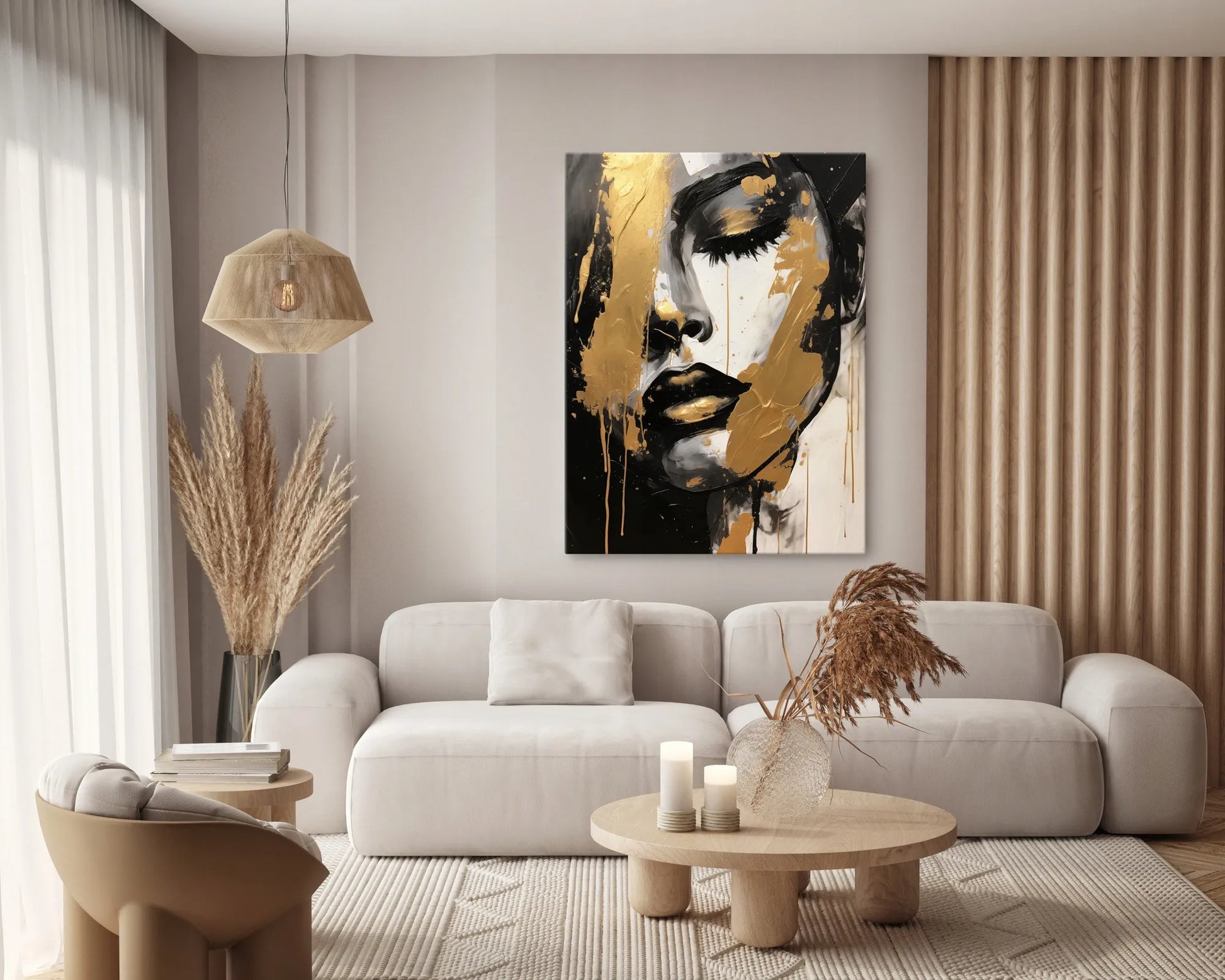 Drobė paveikslas svetainei, auksinis moters portretas, glamūro stilius, 50x70