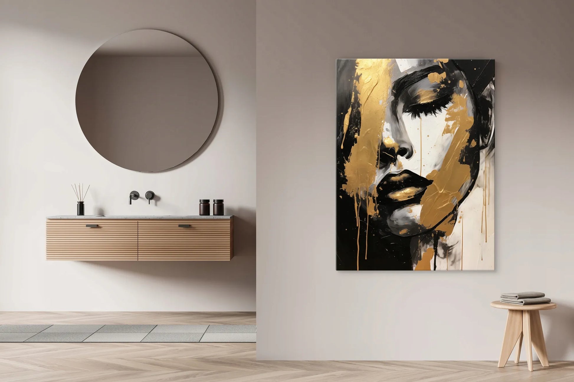 Drobė paveikslas svetainei, auksinis moters portretas, glamūro stilius, 50x70