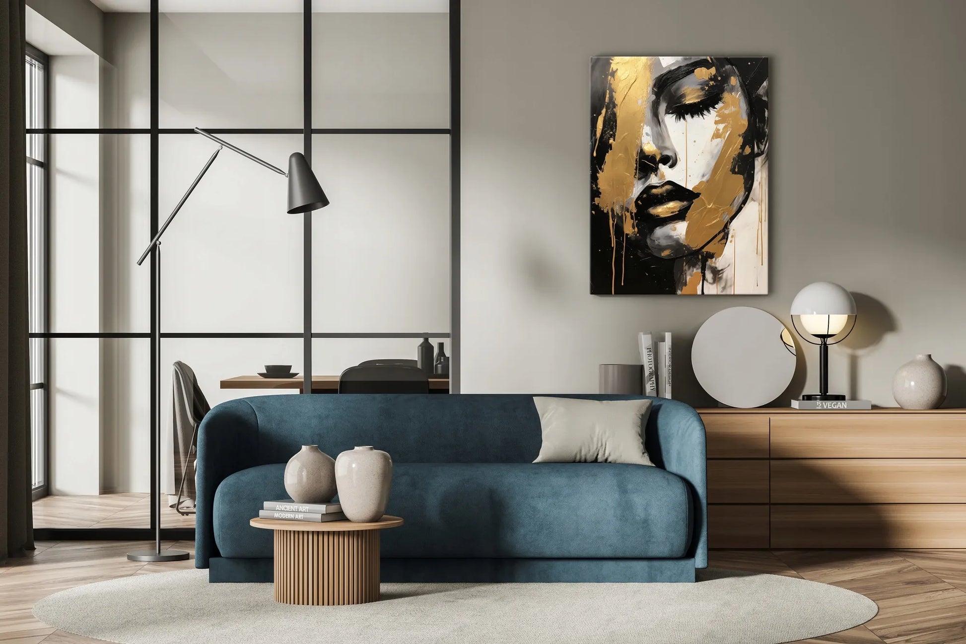 Drobė paveikslas svetainei, auksinis moters portretas, glamūro stilius, 50x70