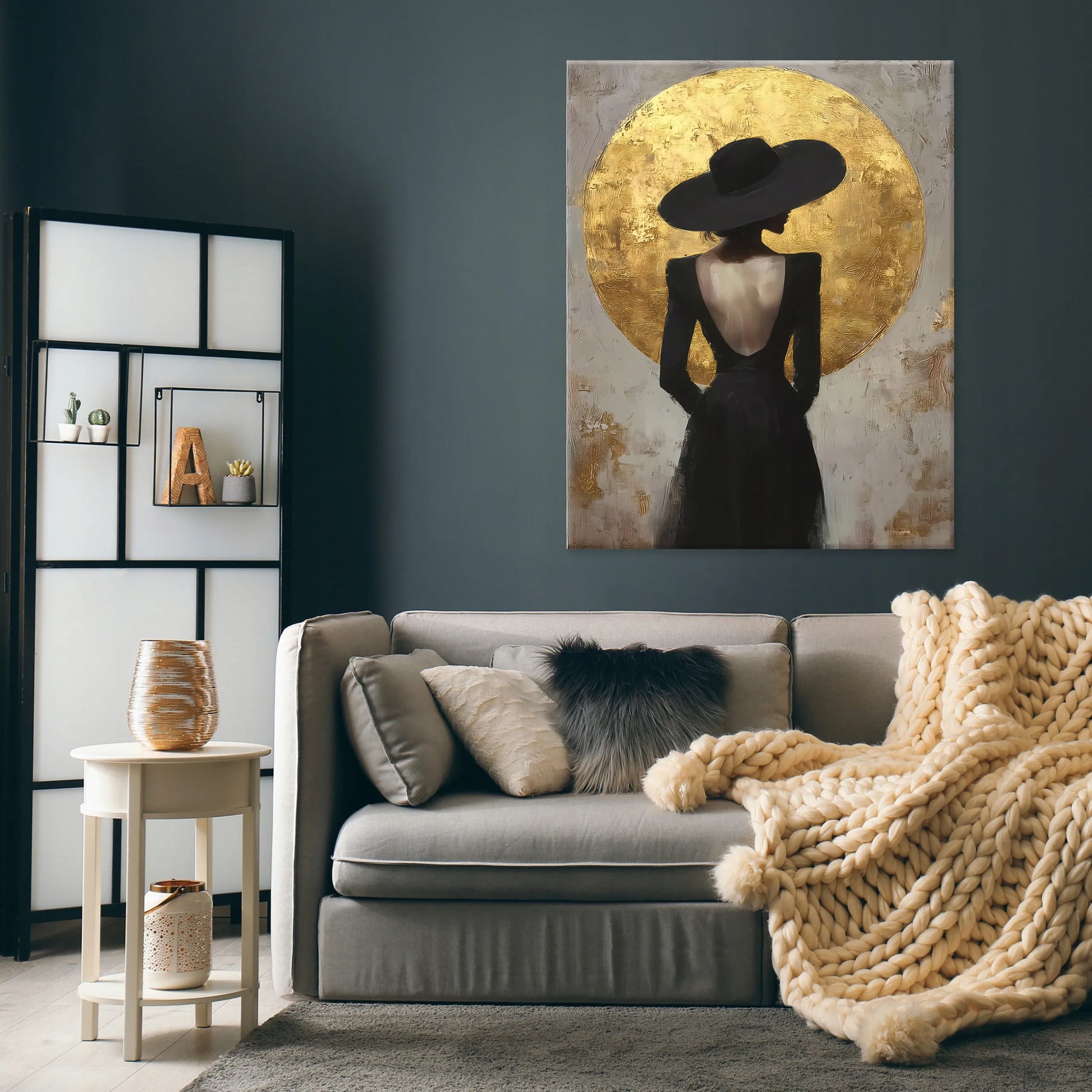 Drobė su moters su skrybėle atvaizdu, abstraktus lofto stilius, 100x70 cm