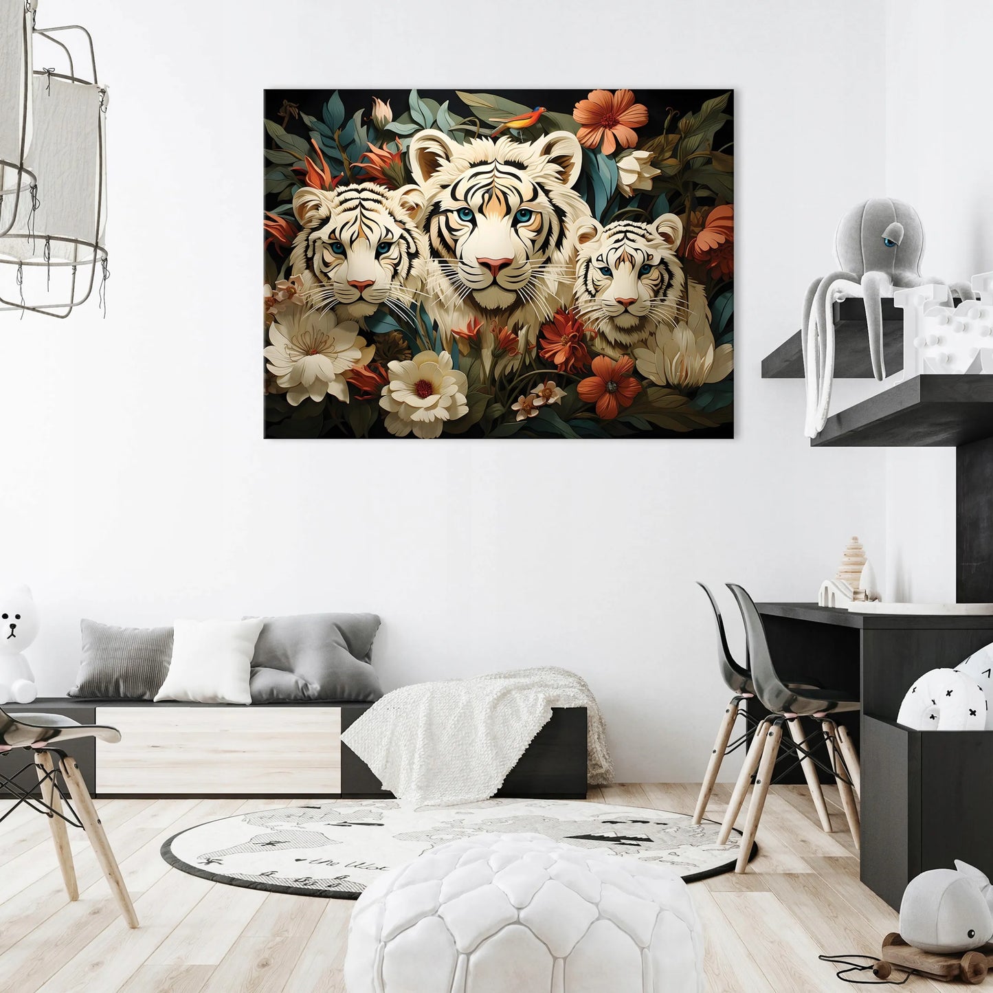 Drobė su tigru, gėlėmis ir gyvūnais sienų dekorui, miegamajam, svetainei 120x80