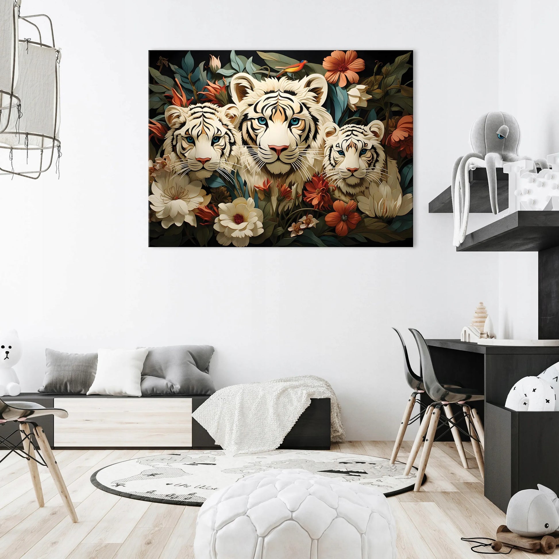 Drobė su tigru, gėlėmis ir gyvūnais sienų dekorui, miegamajam, svetainei 120x80