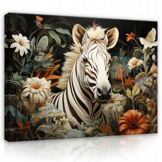 Drobė „ZEBRA IR GĖLĖS“, gyvūnų paveikslas ant drobės miegamajam ar svetainei, 120x80 cm