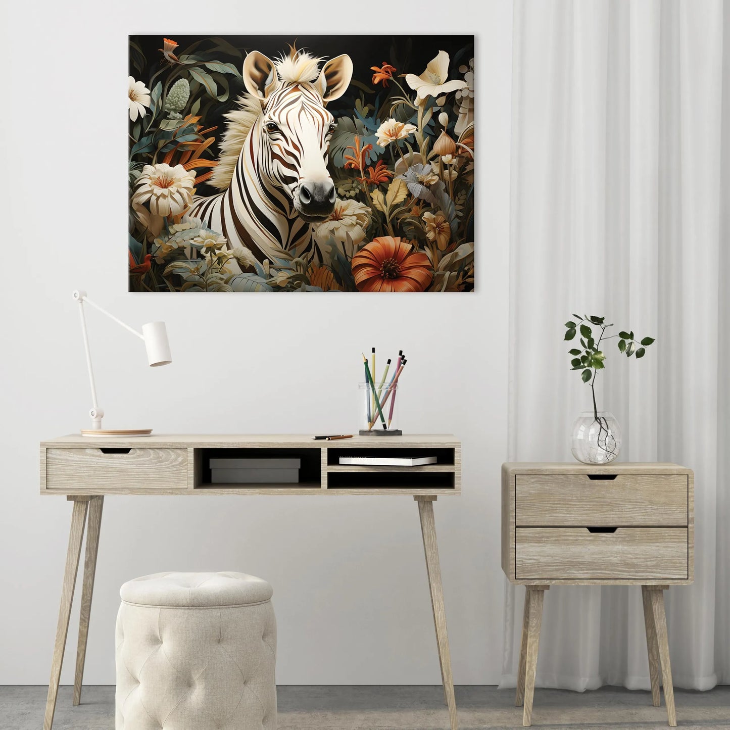 Drobė „ZEBRA IR GĖLĖS“, gyvūnų paveikslas ant drobės miegamajam ar svetainei, 120x80 cm