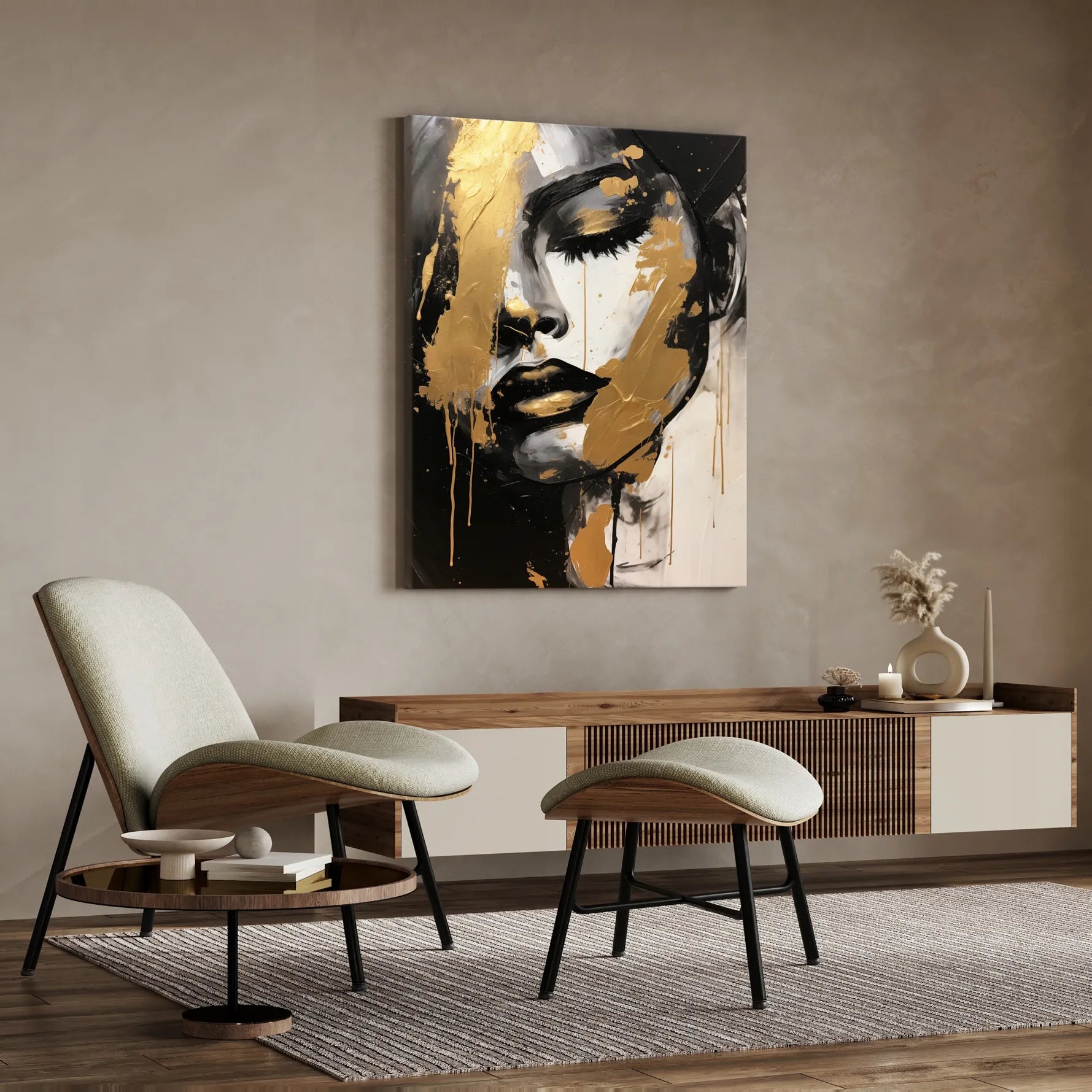 DROBĖS PAVEIKSLAS SVETAINEI, AUKSINIS MOTERS VEIDO PORTRETAS, GLAMOUR STILIUS, 20x30 cm