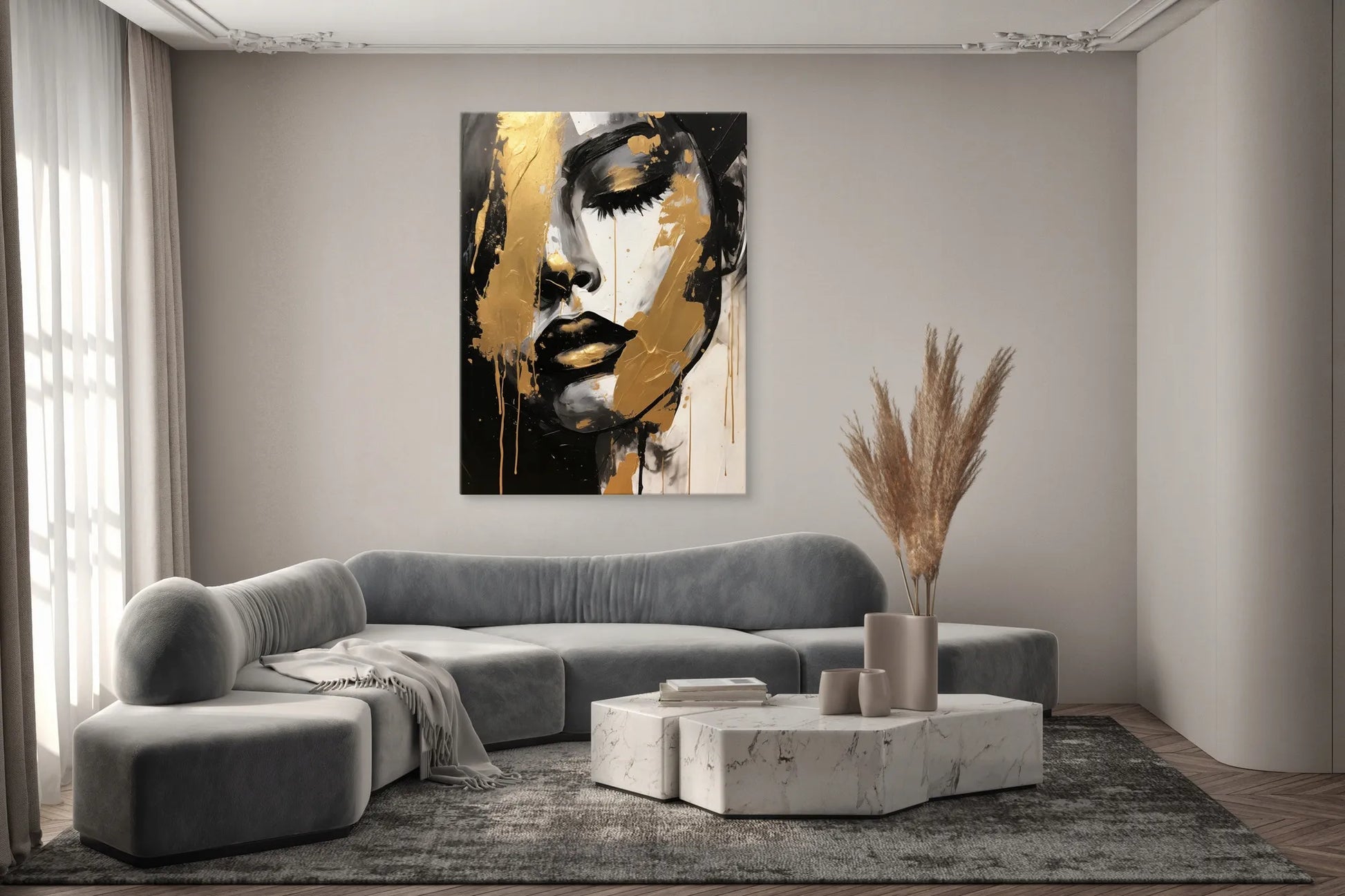 DROBĖS PAVEIKSLAS SVETAINEI, AUKSINIS MOTERS VEIDO PORTRETAS, GLAMOUR STILIUS, 20x30 cm