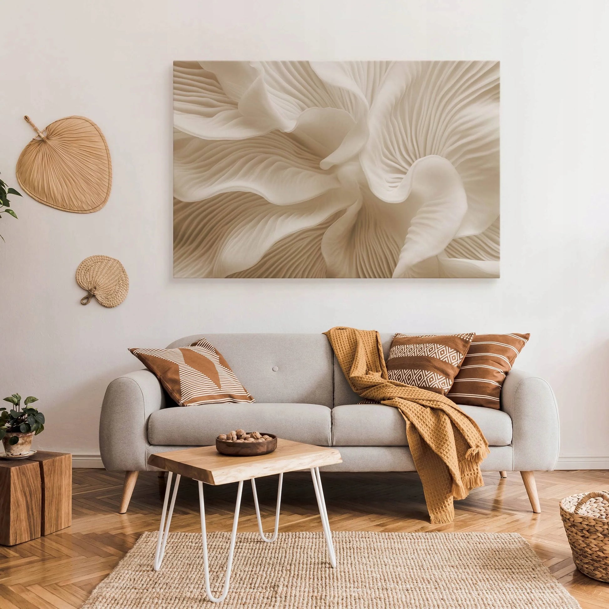 Drobės paveikslas svetainei, smėlio spalvos bangos, abstrakcija, boho stiliaus „glamour“ 120x80