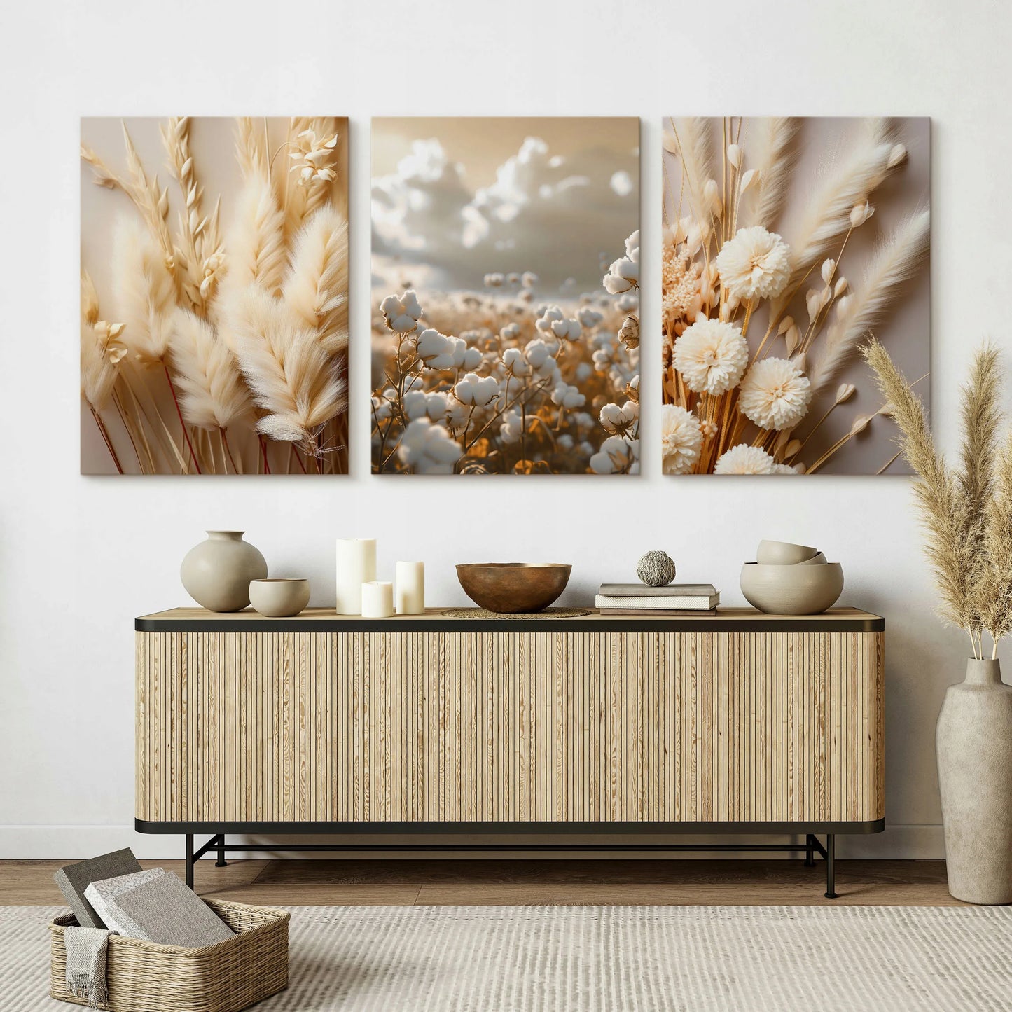 Drobų paveikslų rinkinys GĖLĖS MEDVILNĖ ŽOLĖS GAMTA BOHO STILIUS AUGALAI 90x40