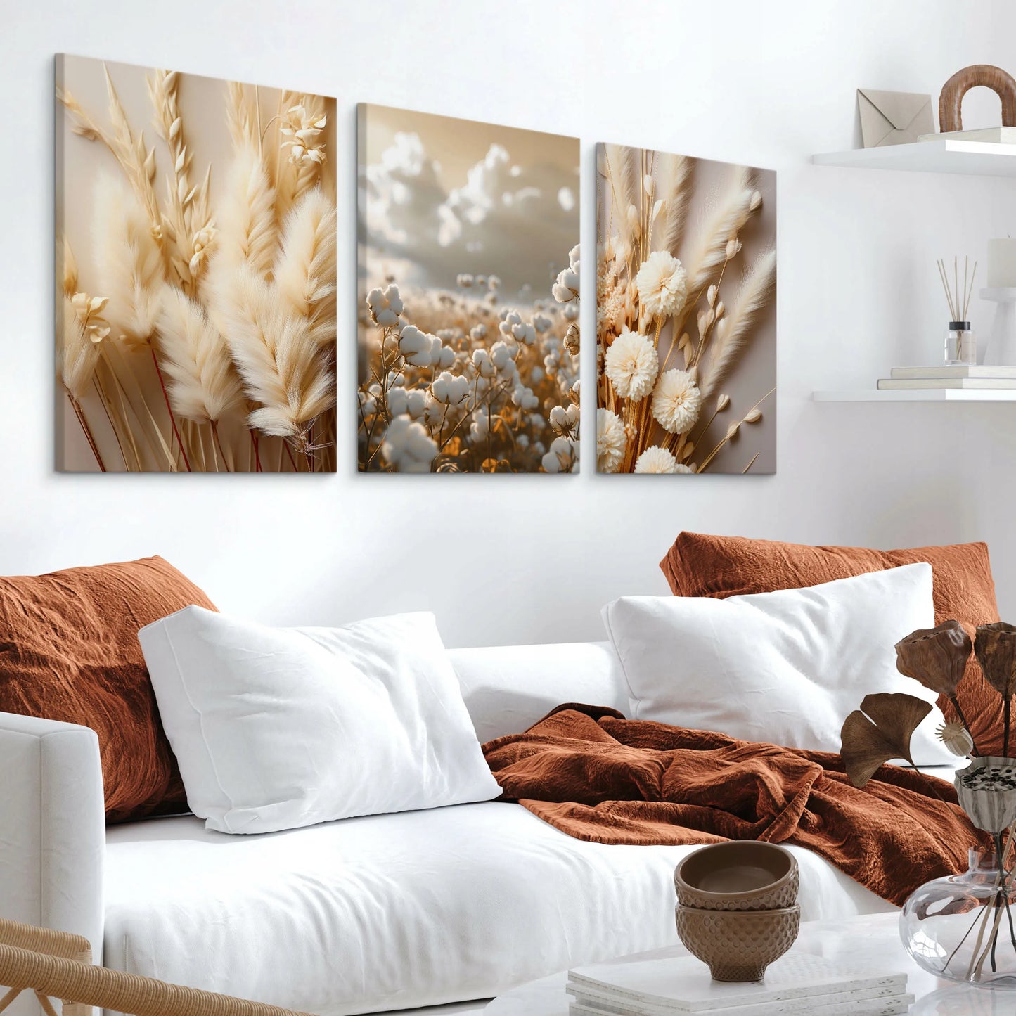 Drobų paveikslų rinkinys GĖLĖS MEDVILNĖ ŽOLĖS GAMTA BOHO STILIUS AUGALAI 90x40