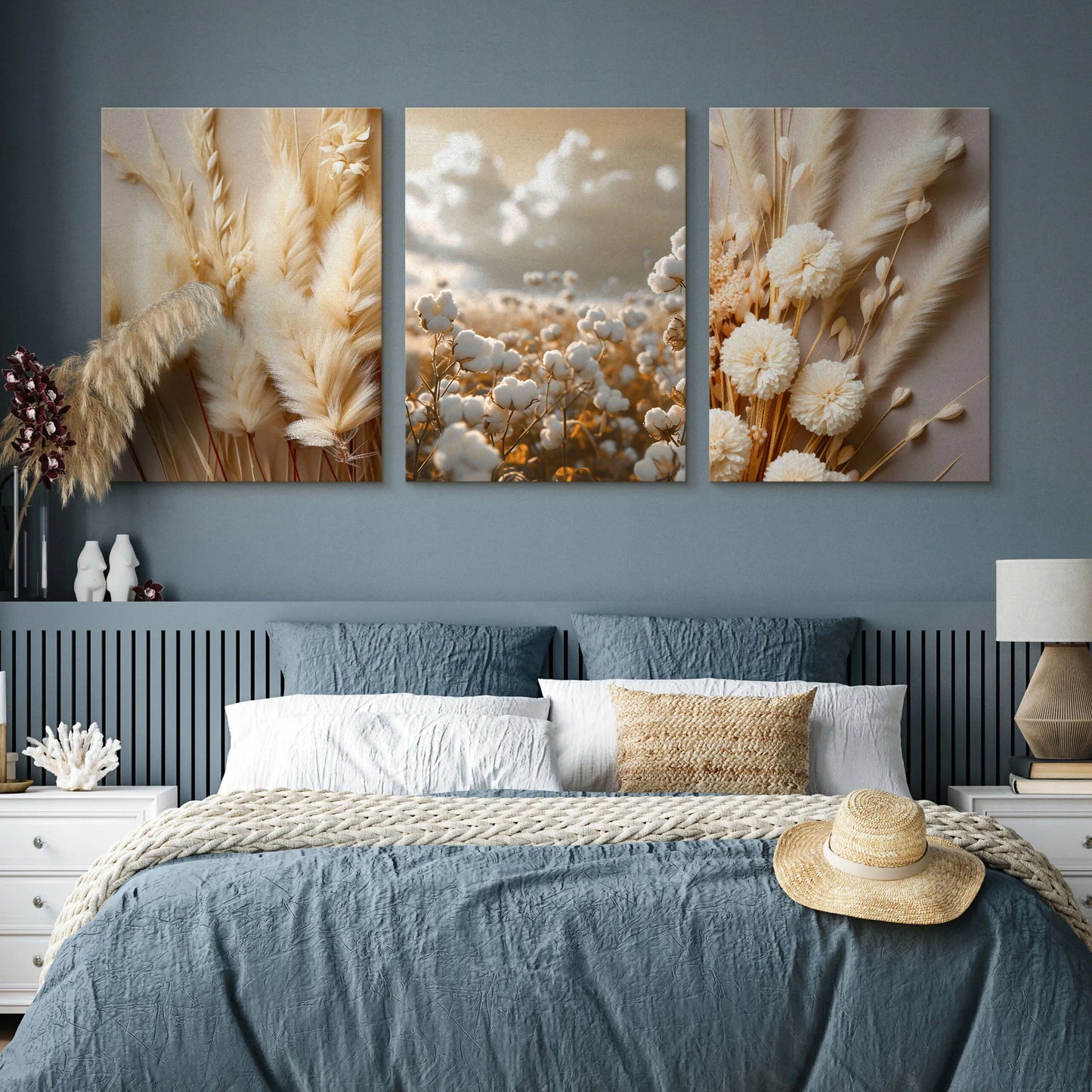 Drobų paveikslų rinkinys GĖLĖS MEDVILNĖ ŽOLĖS GAMTA BOHO STILIUS AUGALAI 90x40