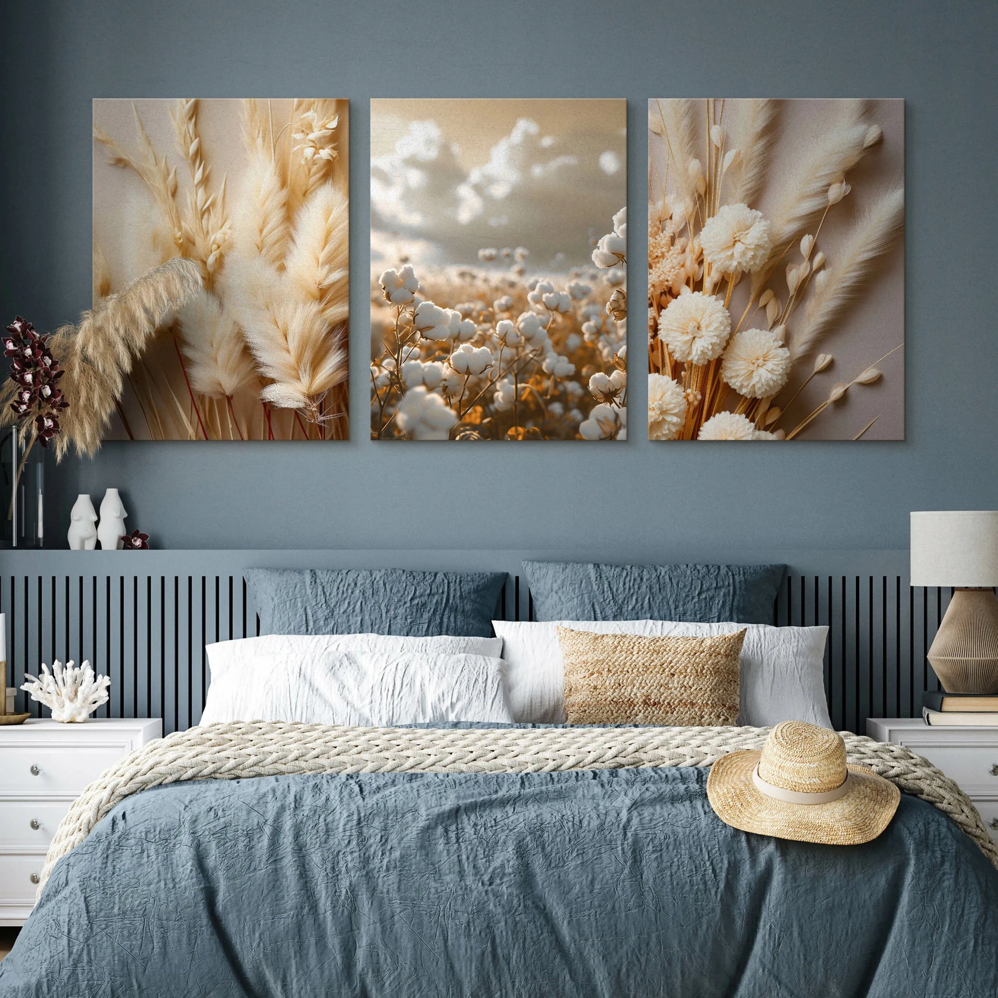 Drobų paveikslų rinkinys GĖLĖS MEDVILNĖ ŽOLĖS GAMTA BOHO STILIUS AUGALAI 90x40