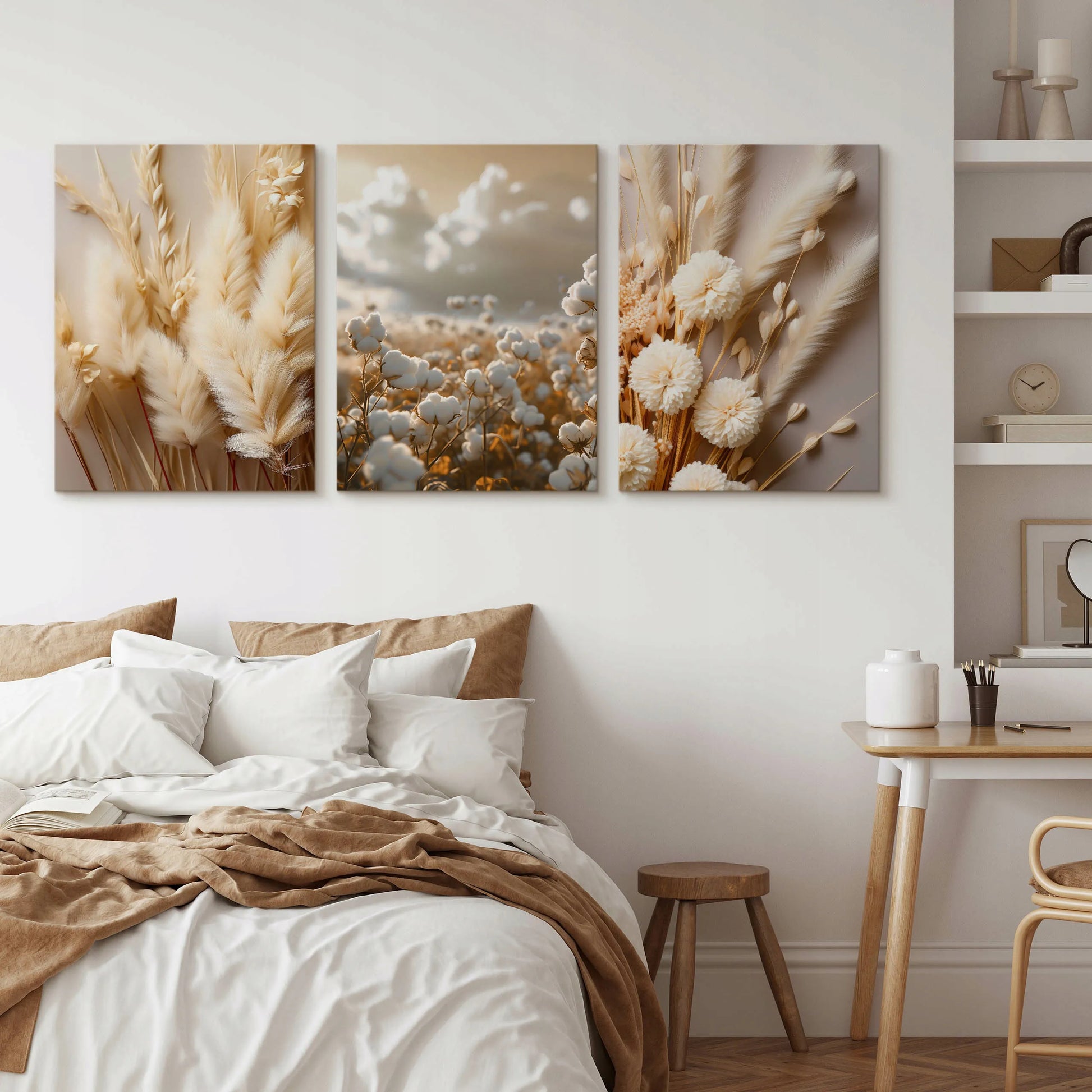 Drobų paveikslų rinkinys GĖLĖS MEDVILNĖ ŽOLĖS GAMTA BOHO STILIUS AUGALAI 90x40