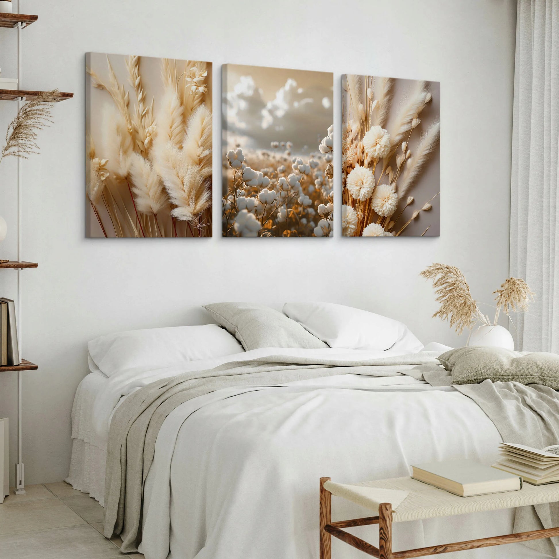 Drobų paveikslų rinkinys GĖLĖS MEDVILNĖ ŽOLĖS GAMTA BOHO STILIUS AUGALAI 90x40