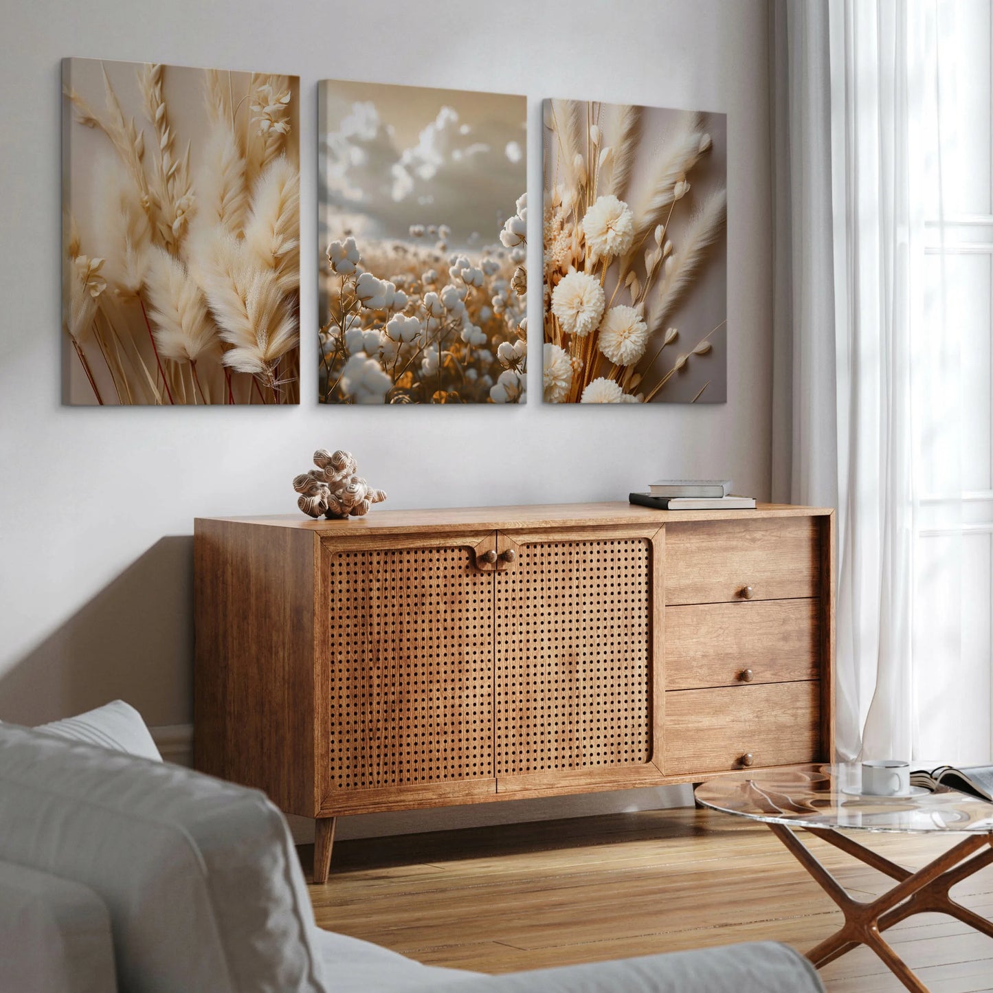Drobų paveikslų rinkinys GĖLĖS MEDVILNĖ ŽOLĖS GAMTA BOHO STILIUS AUGALAI 90x40