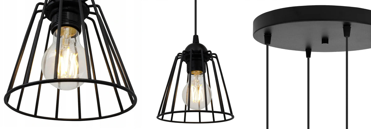 Juodas loft stiliaus pakabinamas lubinis šviestuvas „Edison“ su 4 šviesos šaltiniais virtuvei, valgomajam ir svetainei