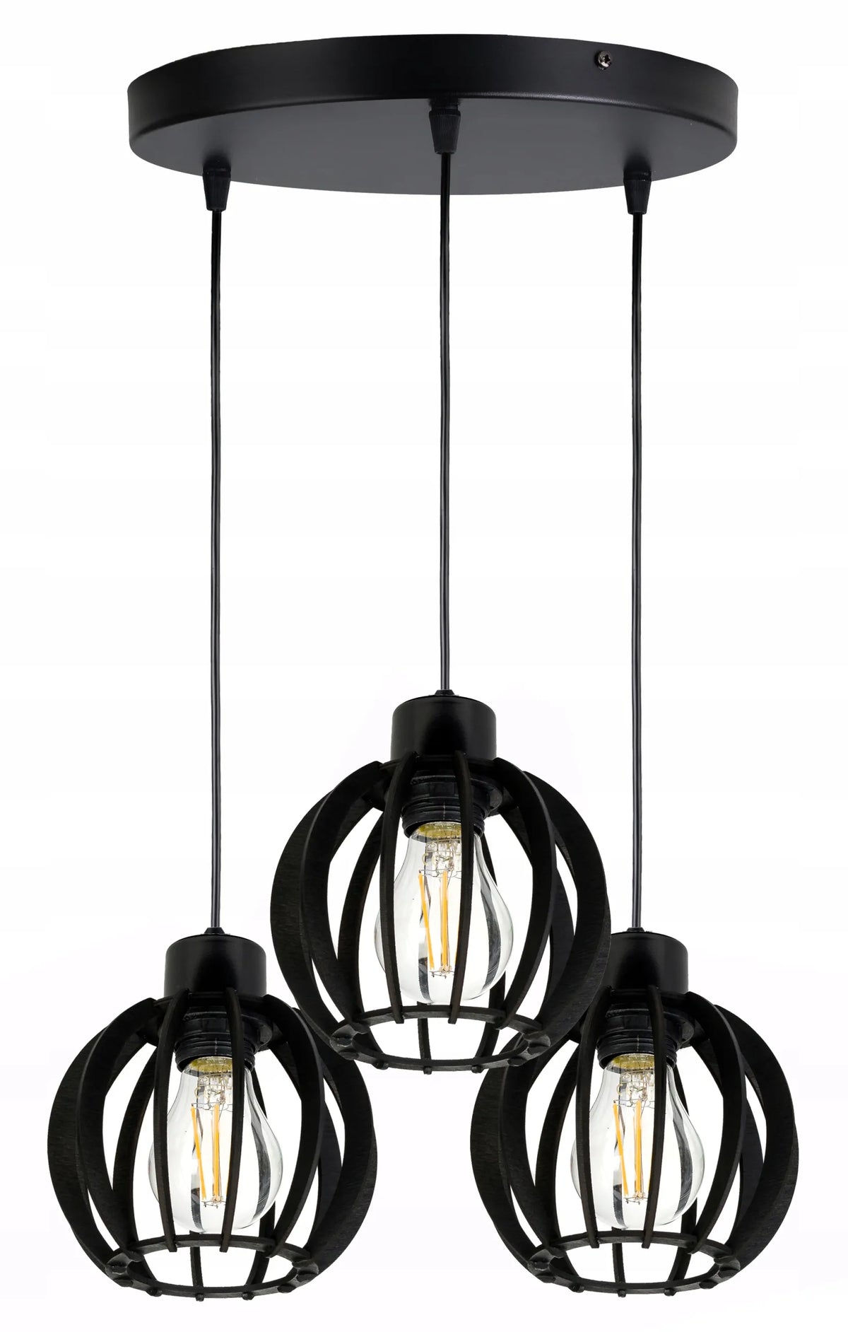 Juodas pakabinamas lubinis šviestuvas LED-ONE, industrinis loft stiliaus, juodos medienos gaubtai, 3 x E27