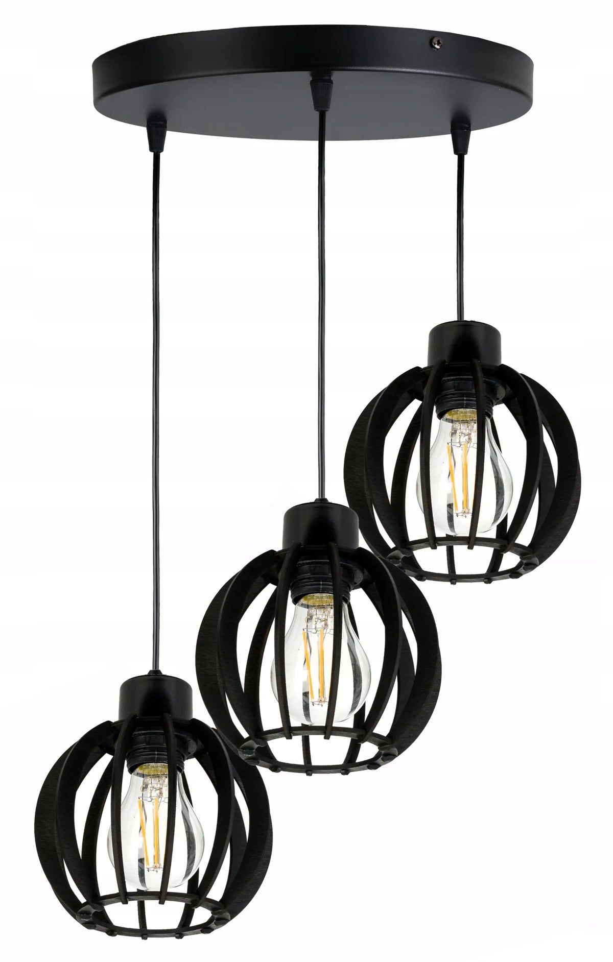 Juodas pakabinamas lubinis šviestuvas LED-ONE, industrinis loft stiliaus, juodos medienos gaubtai, 3 x E27