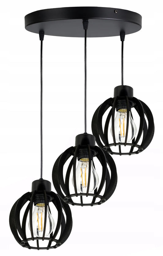 Juodas pakabinamas lubinis šviestuvas LED-ONE, industrinis loft stiliaus, juodos medienos gaubtai, 3 x E27
