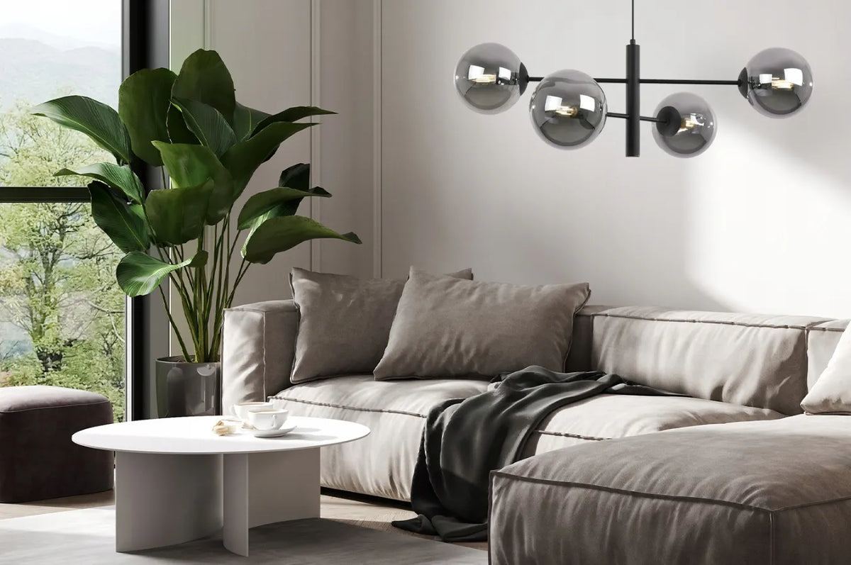 Juodas pakabinamas lubinis šviestuvas „Light Home Vicenza“ su stikliniais gaubtais, 4 šviesos šaltiniai, glamour loft stilius