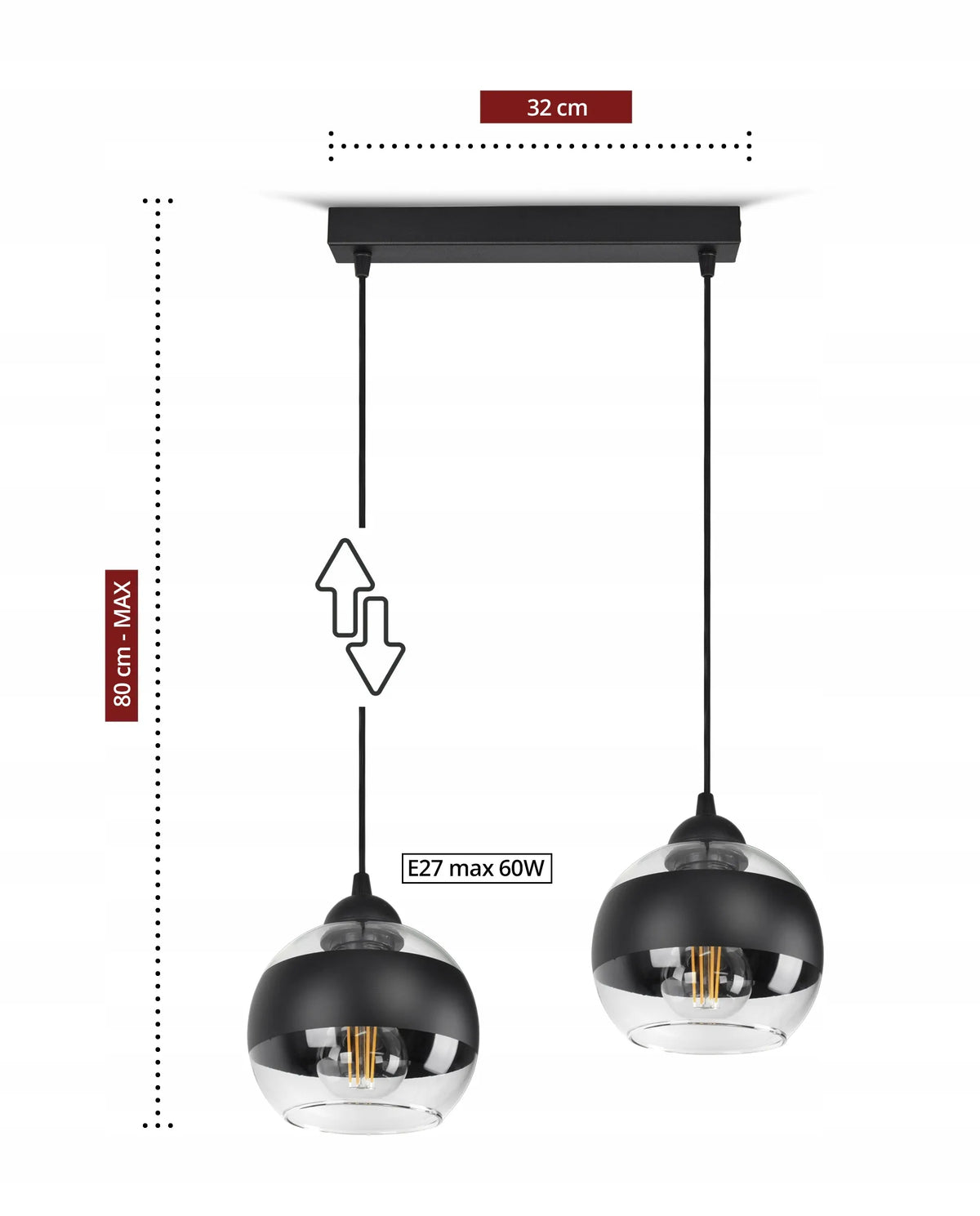 Juodas pakabinamas lubinis šviestuvas-sietynas su stikliniais gaubtais Black Belt BZ2 LED E27