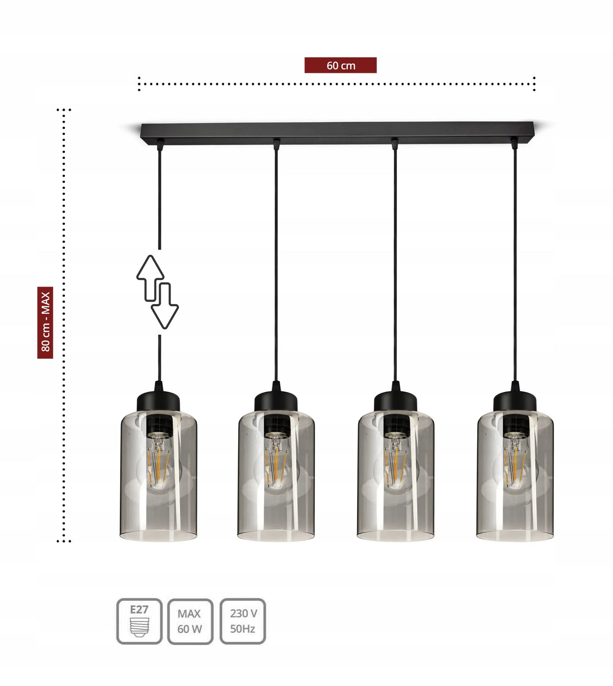 Kabamasis lubinis šviestuvas, juodas stiklinis „Glass Tube“ 535-BZ4 LED E27