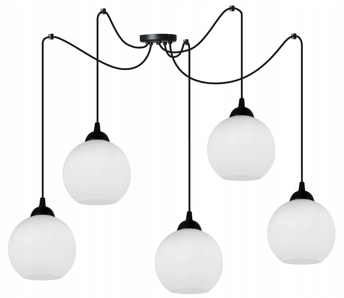 Kabamasis lubinis šviestuvas „SPIDER ELIZA“ – stiklinis „Spider“ tipo šviestuvas su 5 baltais gaubtais, „Light Home“