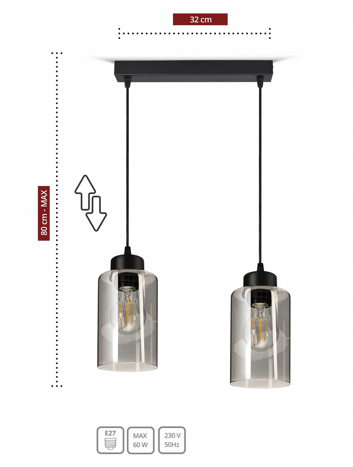 Kabantis lubinis šviestuvas „Glass Tube“ 535-BZ2, juodas, stiklinis, LED E27