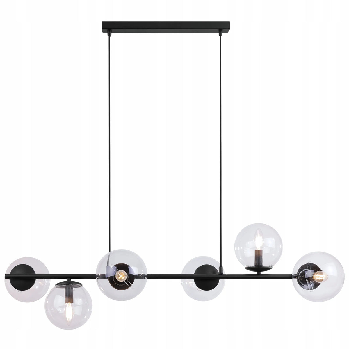 Kabantis lubinis šviestuvas – juodas „Glamour“ stiliaus lofto sietynas su stikliniais gaubtais svetainei