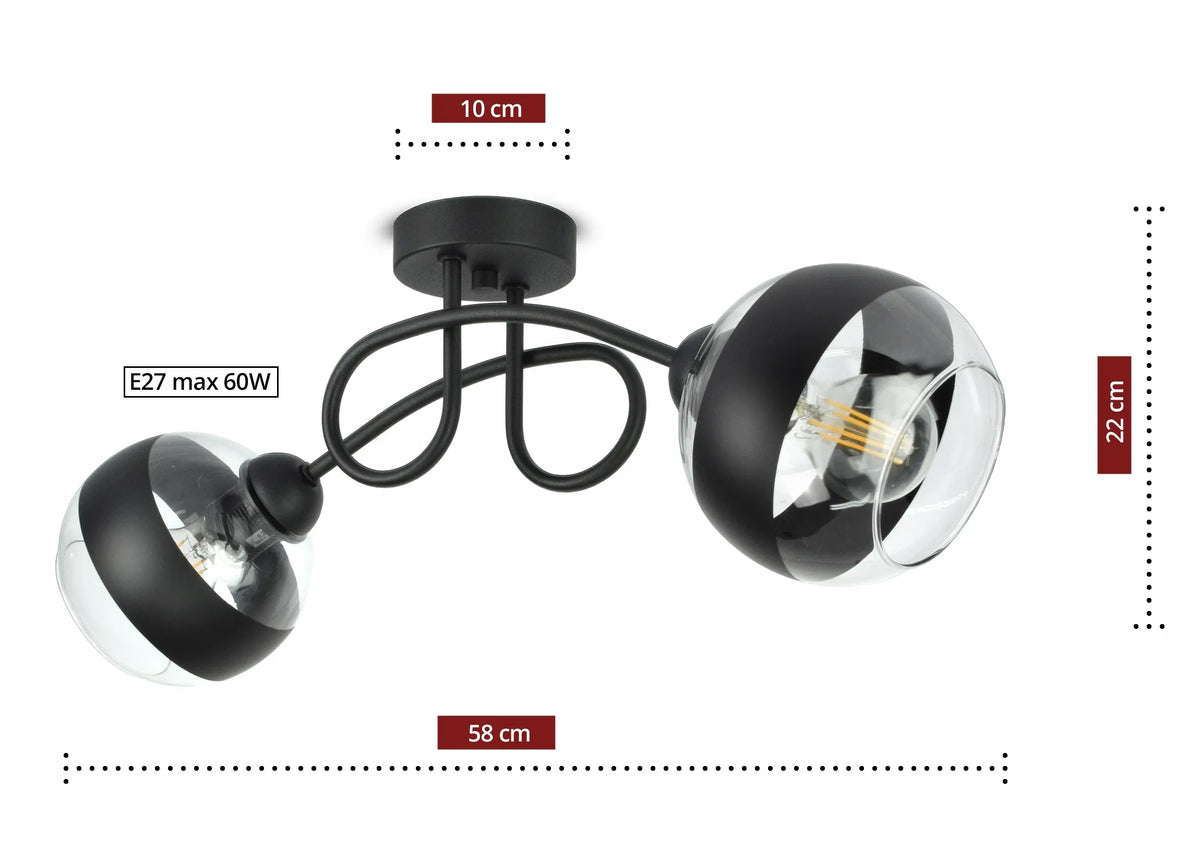 Kabantis lubinis šviestuvas – juodas sietynas su stikliniais gaubtais Black Belt PE2 LED E27