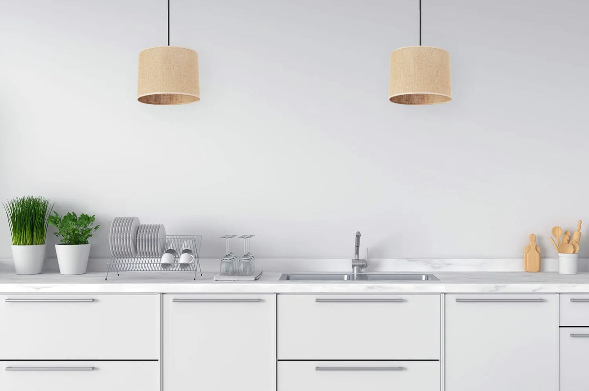 Kabantis lubinis šviestuvas „Light Home JUTA 2450/20“ su viengubu boho stiliaus tekstiliniu gaubtu, juodas ir smėlio spalvos