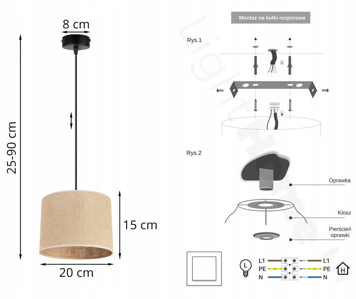 Kabantis lubinis šviestuvas „Light Home JUTA 2450/20“ su viengubu boho stiliaus tekstiliniu gaubtu, juodas ir smėlio spalvos