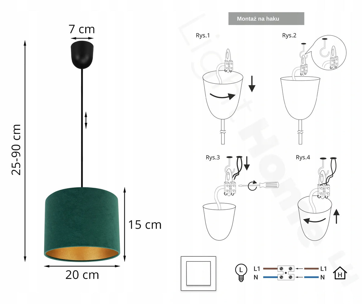 Kabantis lubinis šviestuvas „MEDIOLAN“ su elegantišku žaliu tekstiliniu gaubtu, juodas, Light Home