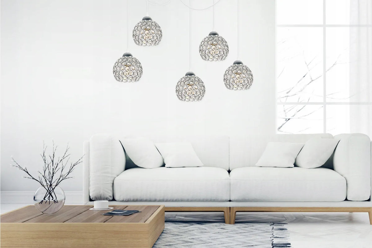 Kabantis lubinis šviestuvas „Spider Crystal“ su chromo detalėmis ir kristalais valgomajam, svetainei, loftui
